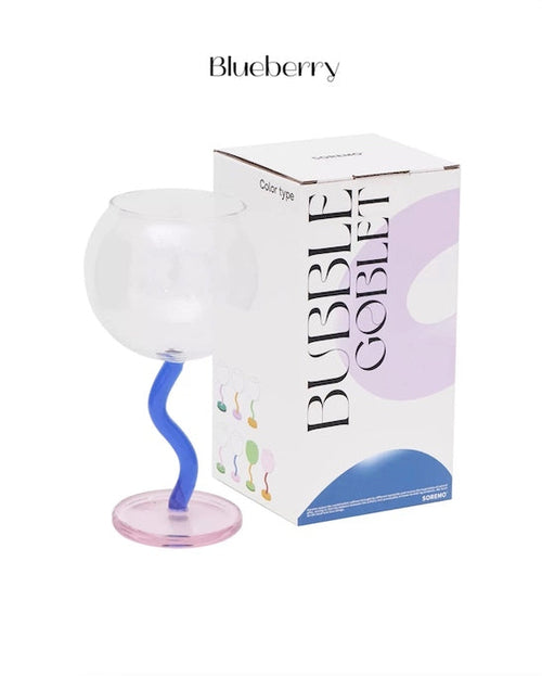 Handblown Bubble Wine Glass - Retro Whimsical Eclectic Wavy Stemmed