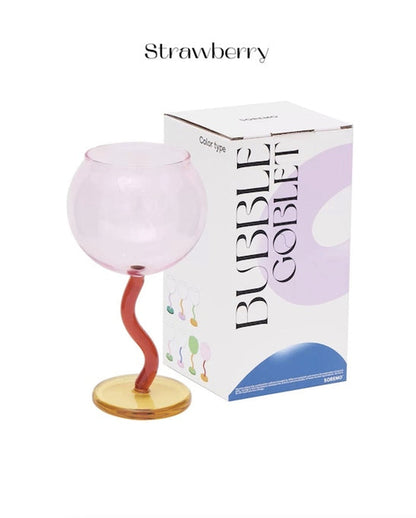 Handblown Bubble Wine Glass - Retro Whimsical Eclectic Wavy Stemmed