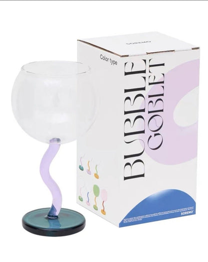 Handblown Bubble Wine Glass - Retro Whimsical Eclectic Wavy Stemmed
