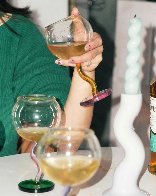 Handblown Bubble Wine Glass - Retro Whimsical Eclectic Wavy Stemmed