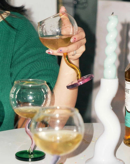 Handblown Bubble Wine Glass - Retro Whimsical Eclectic Wavy Stemmed