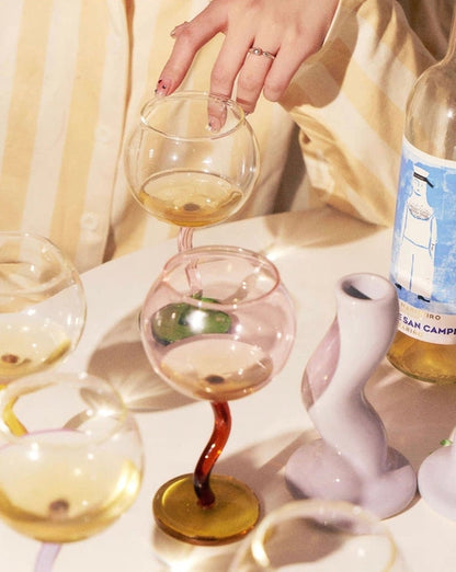 Handblown Bubble Wine Glass - Retro Whimsical Eclectic Wavy Stemmed